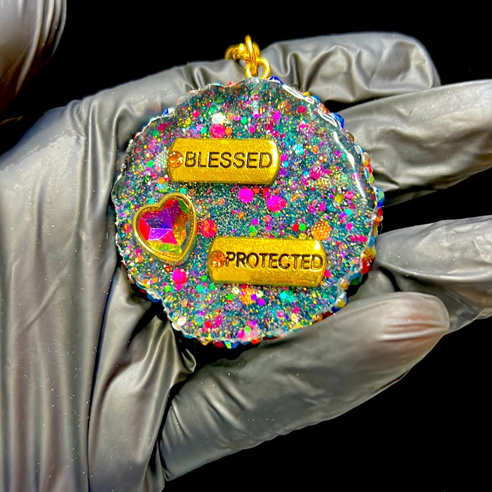 Resin keychain: “Blessed + Protected”